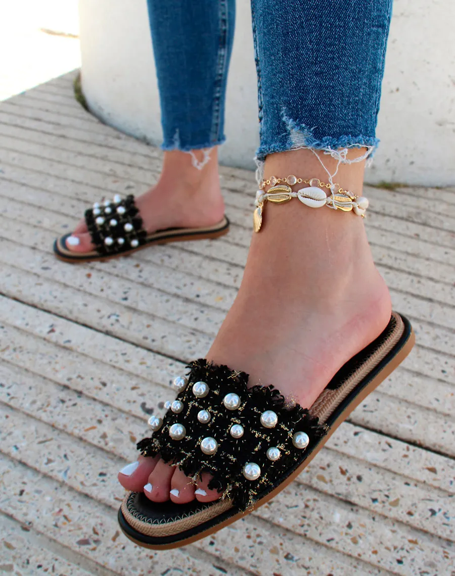Mules noires effet tweed à perles