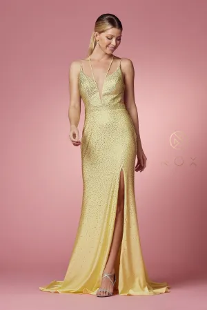 N E1003 - Rhinestone Embellished Fit & Flare Prom Gown with Plunging V-Neck Leg Slit & Open Strappy Back