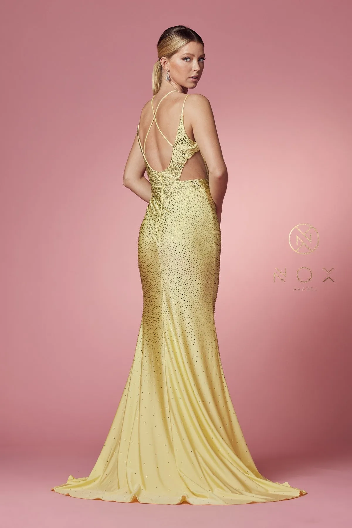 N E1003 - Rhinestone Embellished Fit & Flare Prom Gown with Plunging V-Neck Leg Slit & Open Strappy Back