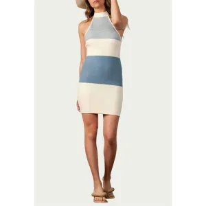 NEW LUCCA candytuft knitted halterneck mini dress in ivory/blue