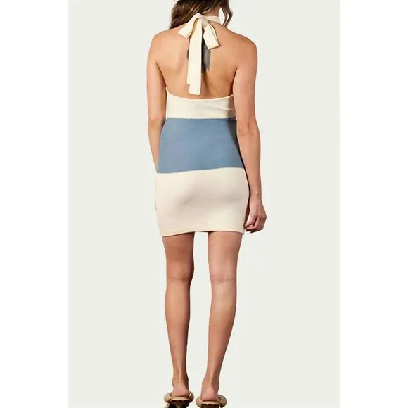 NEW LUCCA candytuft knitted halterneck mini dress in ivory/blue