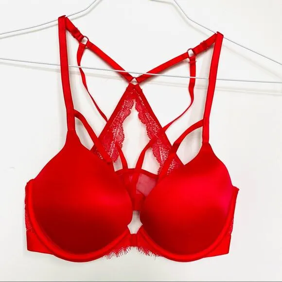 NEW VS VICTORIAS SECRET Pink Red Ruffle Lace Strappy Open Back Underwire Bra 32C