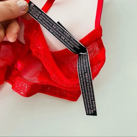 NEW VS VICTORIAS SECRET Pink Red Ruffle Lace Strappy Open Back Underwire Bra 32C