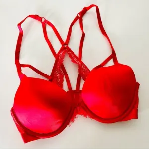 NEW VS VICTORIAS SECRET Pink Red Ruffle Lace Strappy Open Back Underwire Bra 32C