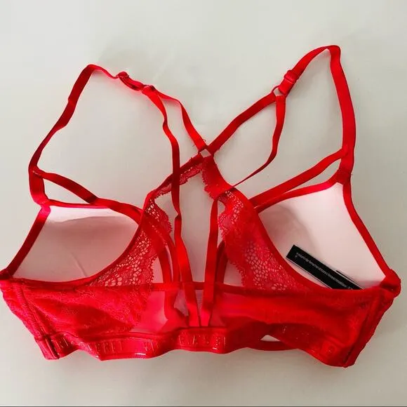 NEW VS VICTORIAS SECRET Pink Red Ruffle Lace Strappy Open Back Underwire Bra 32C