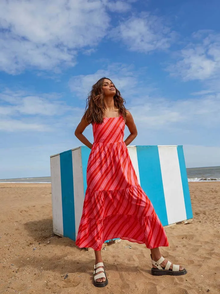 Nostalgic Stripe Strappy Midi Dress