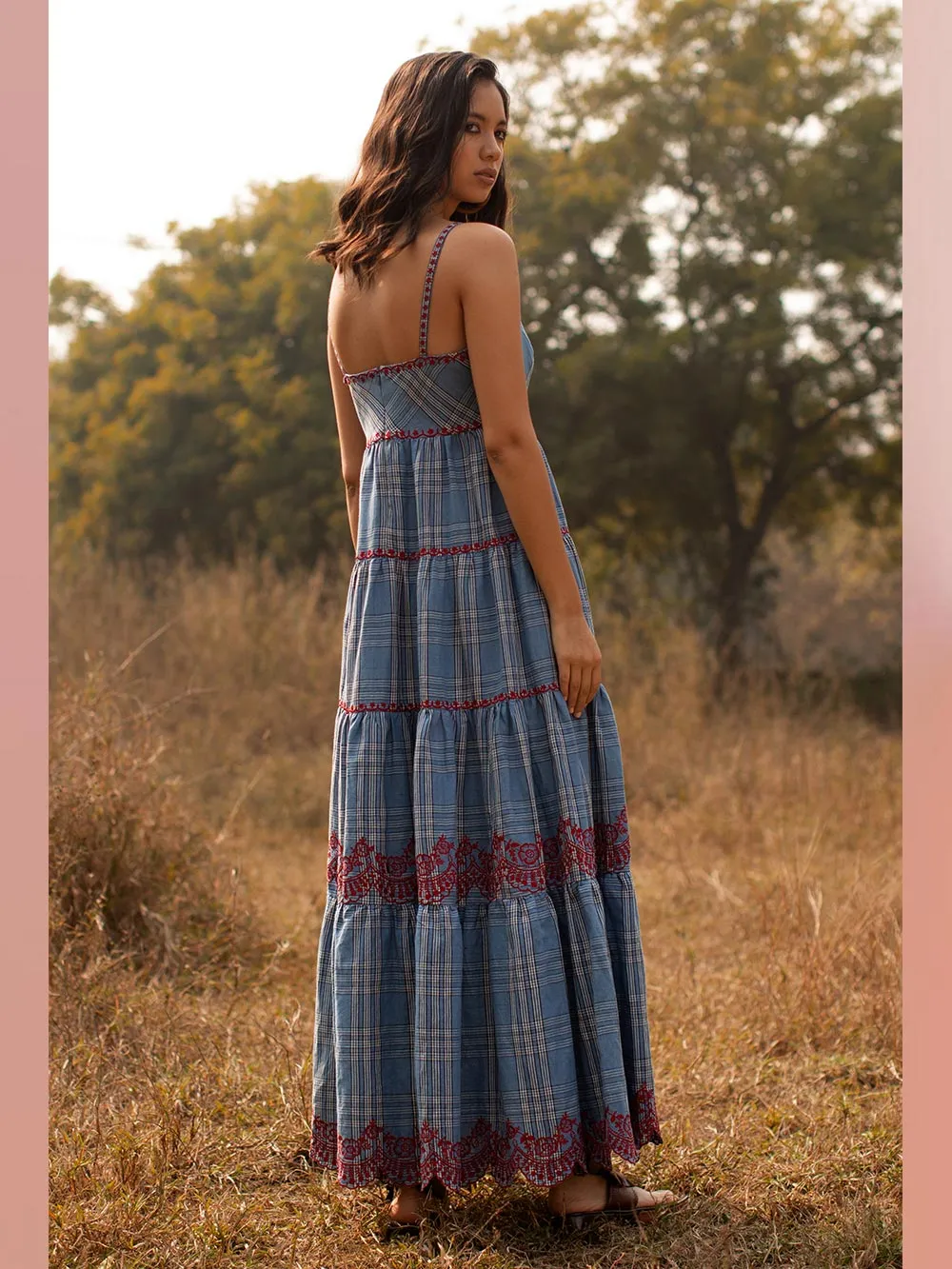 Payal Pratap   -   Dress Jackson  I  Strappy Tiered Maxi Dress With Placement Embroidery All Over