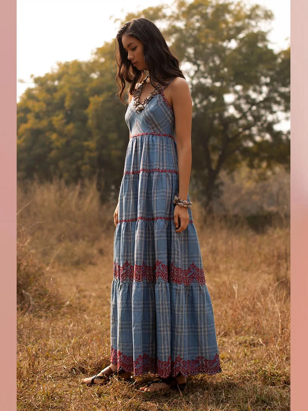 Payal Pratap   -   Dress Jackson  I  Strappy Tiered Maxi Dress With Placement Embroidery All Over