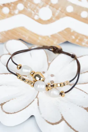 Pearl and Goldtone Bead Brown Cord Bracelet