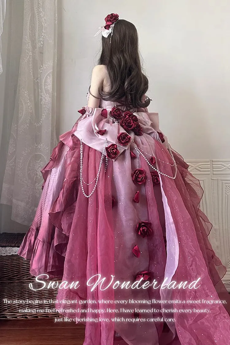 Plum Red [Swan Wonderland] Embroidery Bowknot Lace-Up Short Front Long Back Irregular Sweet Ballet Lolita Jsk Dress