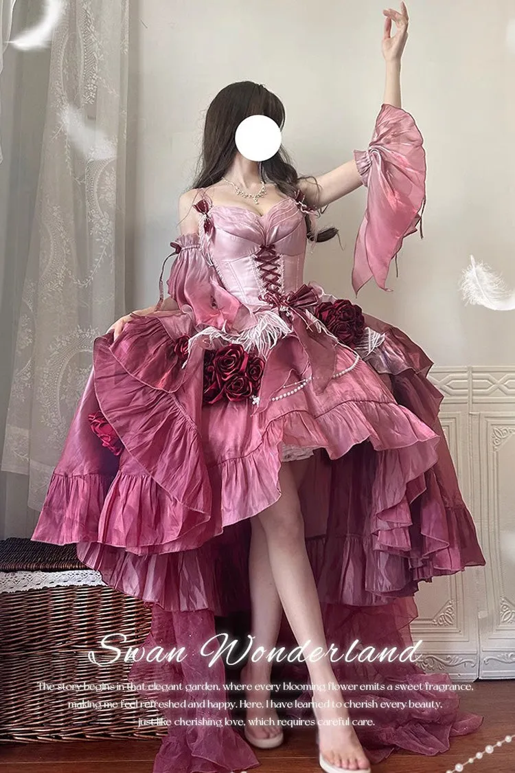 Plum Red [Swan Wonderland] Embroidery Bowknot Lace-Up Short Front Long Back Irregular Sweet Ballet Lolita Jsk Dress