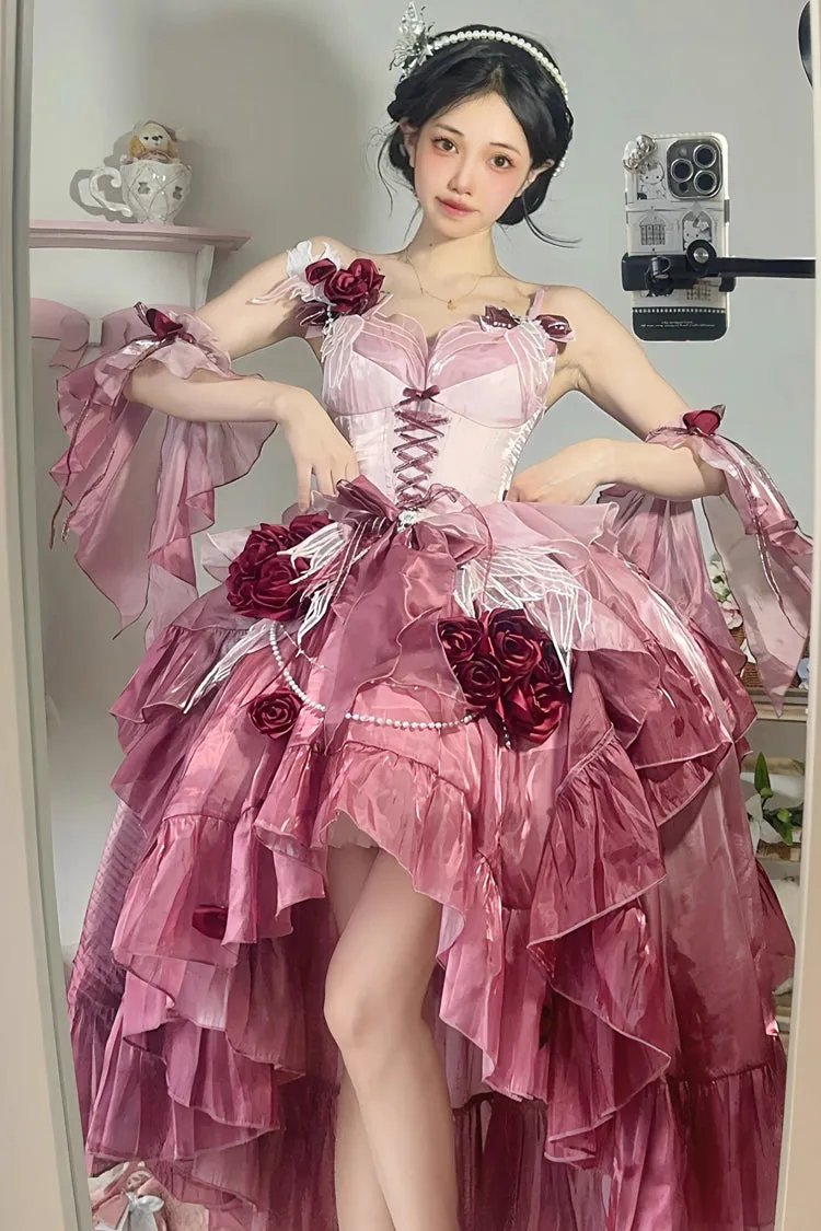 Plum Red [Swan Wonderland] Embroidery Bowknot Lace-Up Short Front Long Back Irregular Sweet Ballet Lolita Jsk Dress