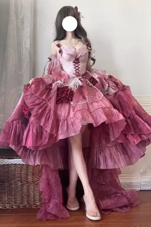 Plum Red [Swan Wonderland] Embroidery Bowknot Lace-Up Short Front Long Back Irregular Sweet Ballet Lolita Jsk Dress