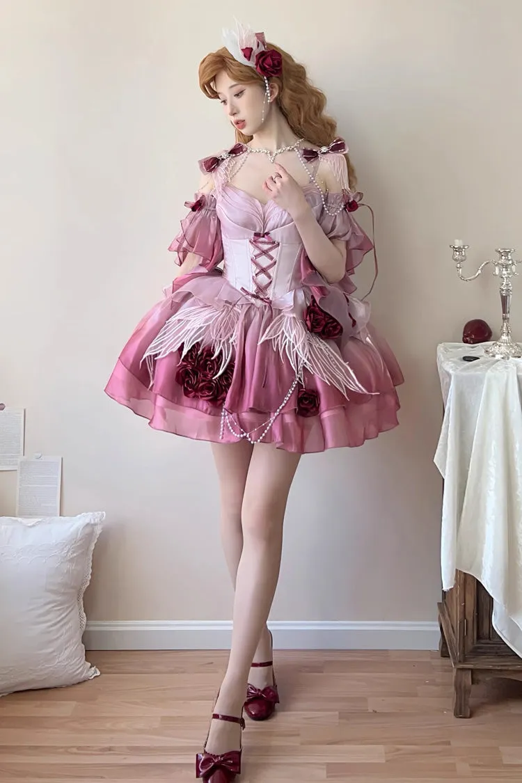Plum Red [Swan Wonderland] Embroidery Bowknot Lace-Up Sweet Ballet Lolita Jsk Dress Short Version