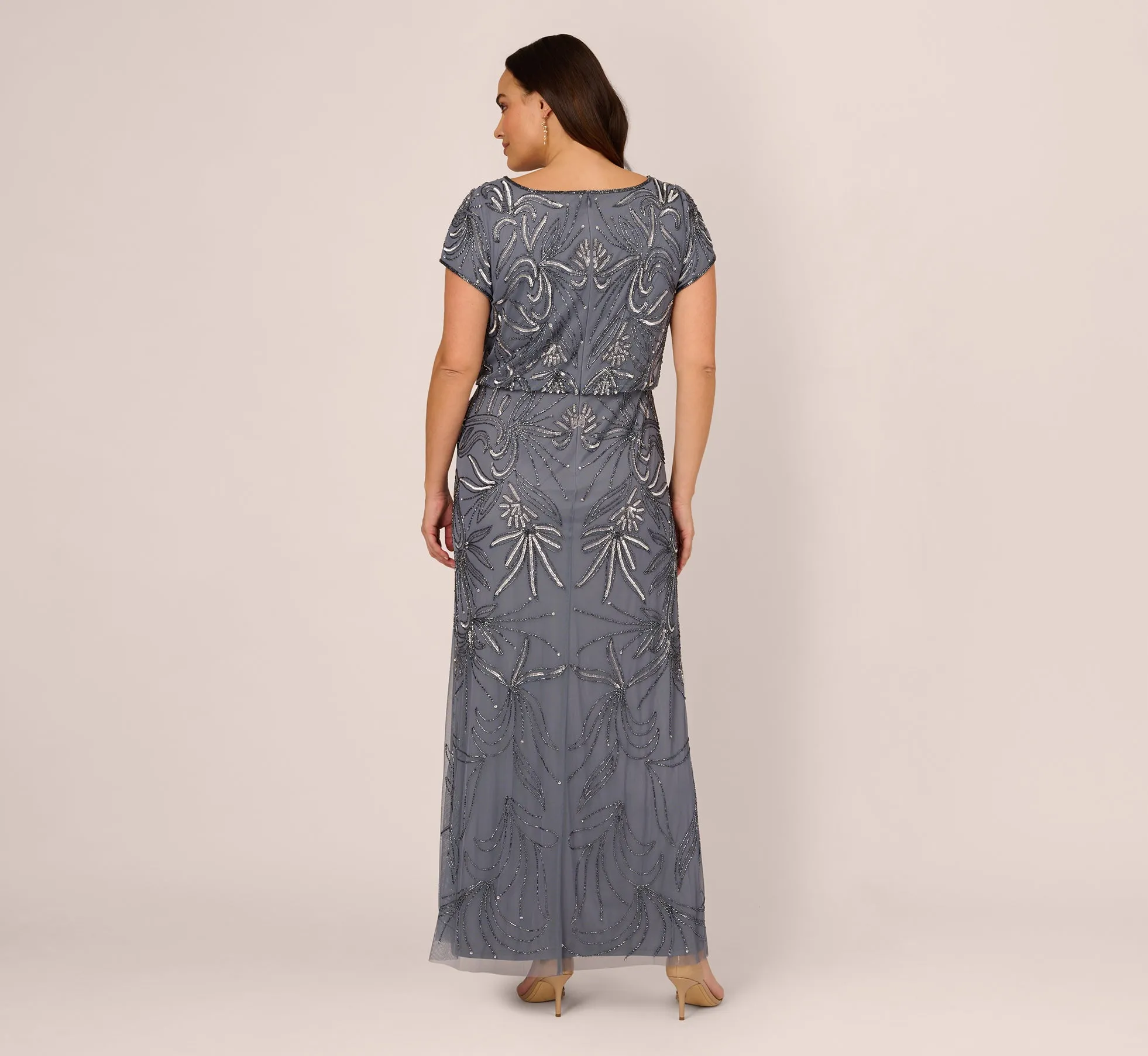 Plus Size Long Beaded Blouson Dress In Dusty Blue
