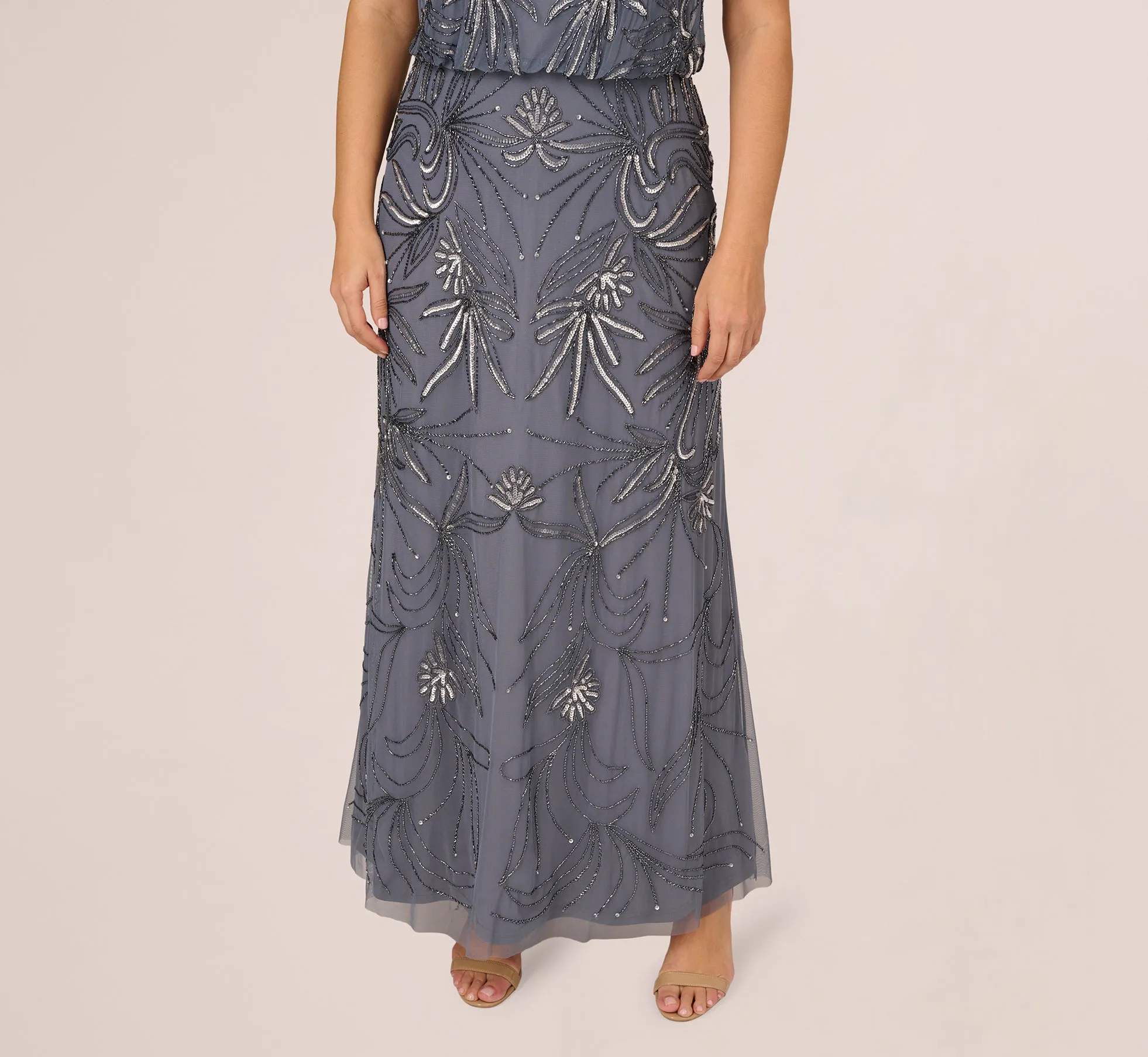 Plus Size Long Beaded Blouson Dress In Dusty Blue