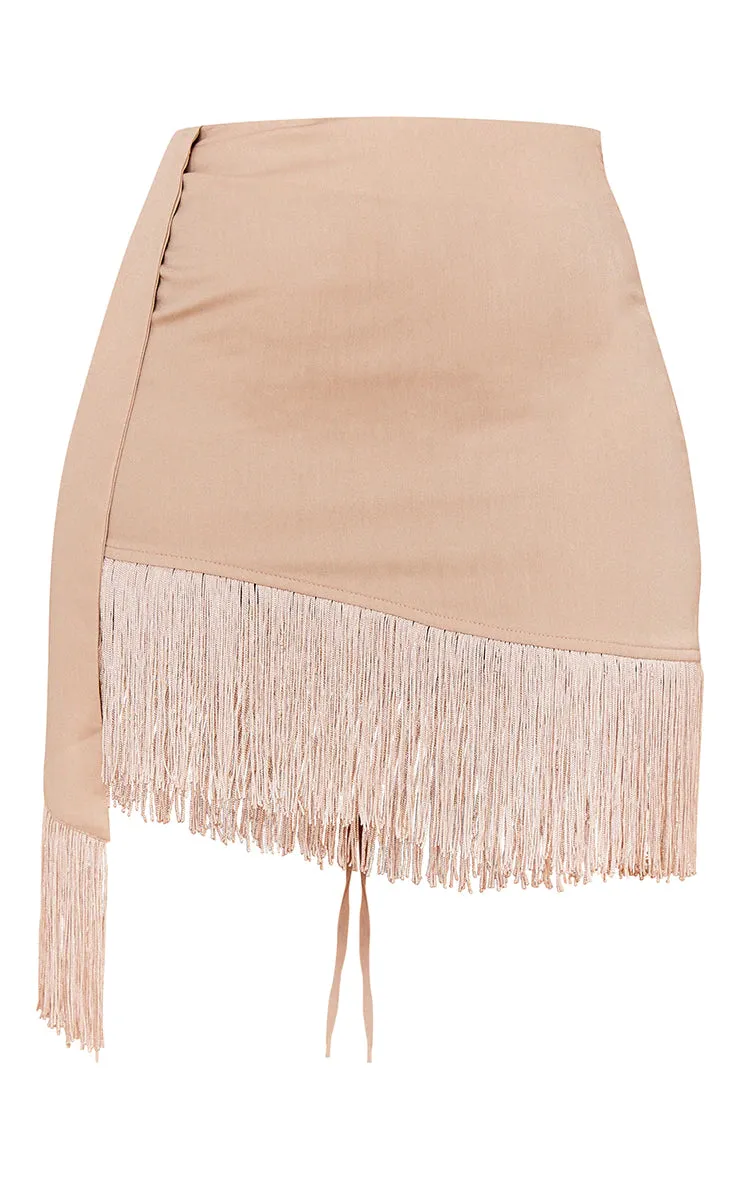 Pretty Little Thing Sand Woven Fringe Hem Drape Front Mini Skirt