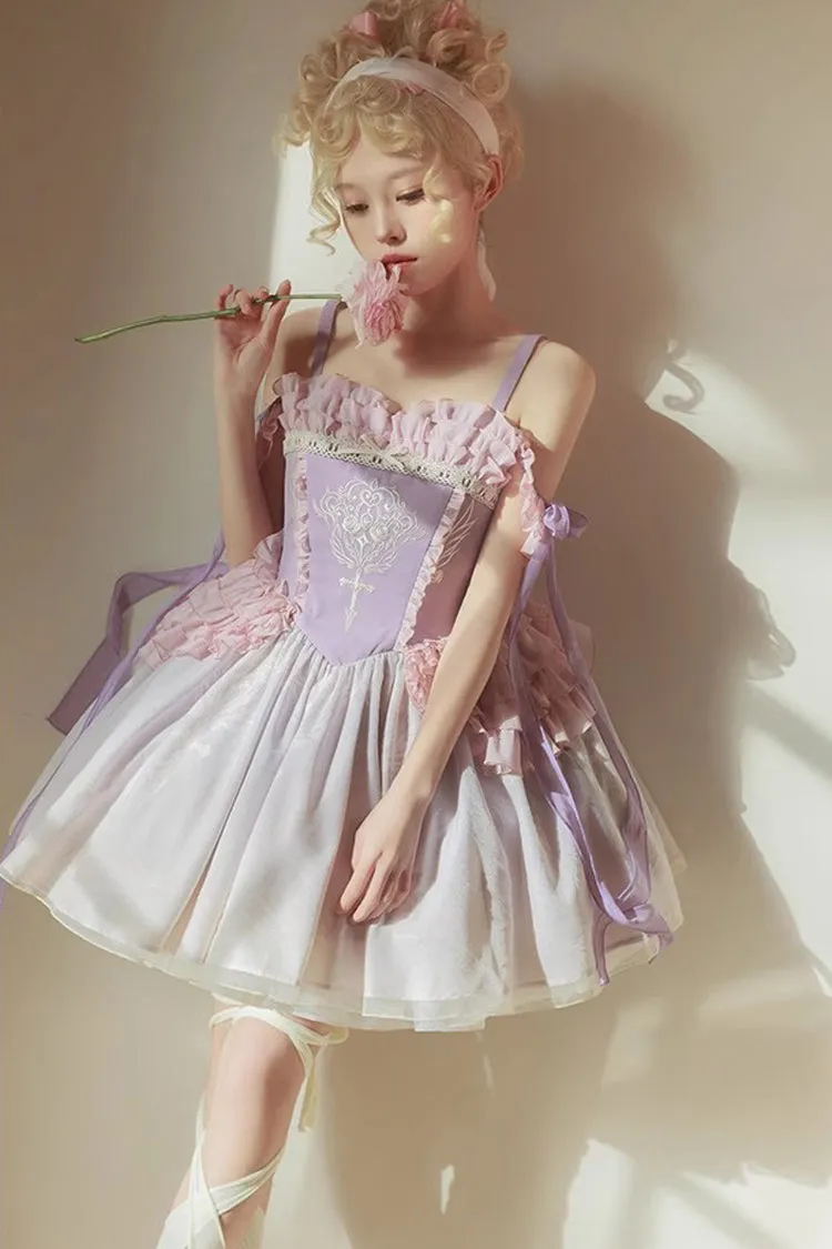 Purple Midsummer Dream Elegant Embroidered Print Chinese Style Ballet Boat Neck Sweet Qi Lolita Dress