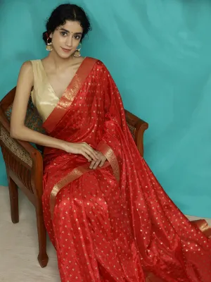 Red Silk Blend Floral Zari Woven Heavy Saree