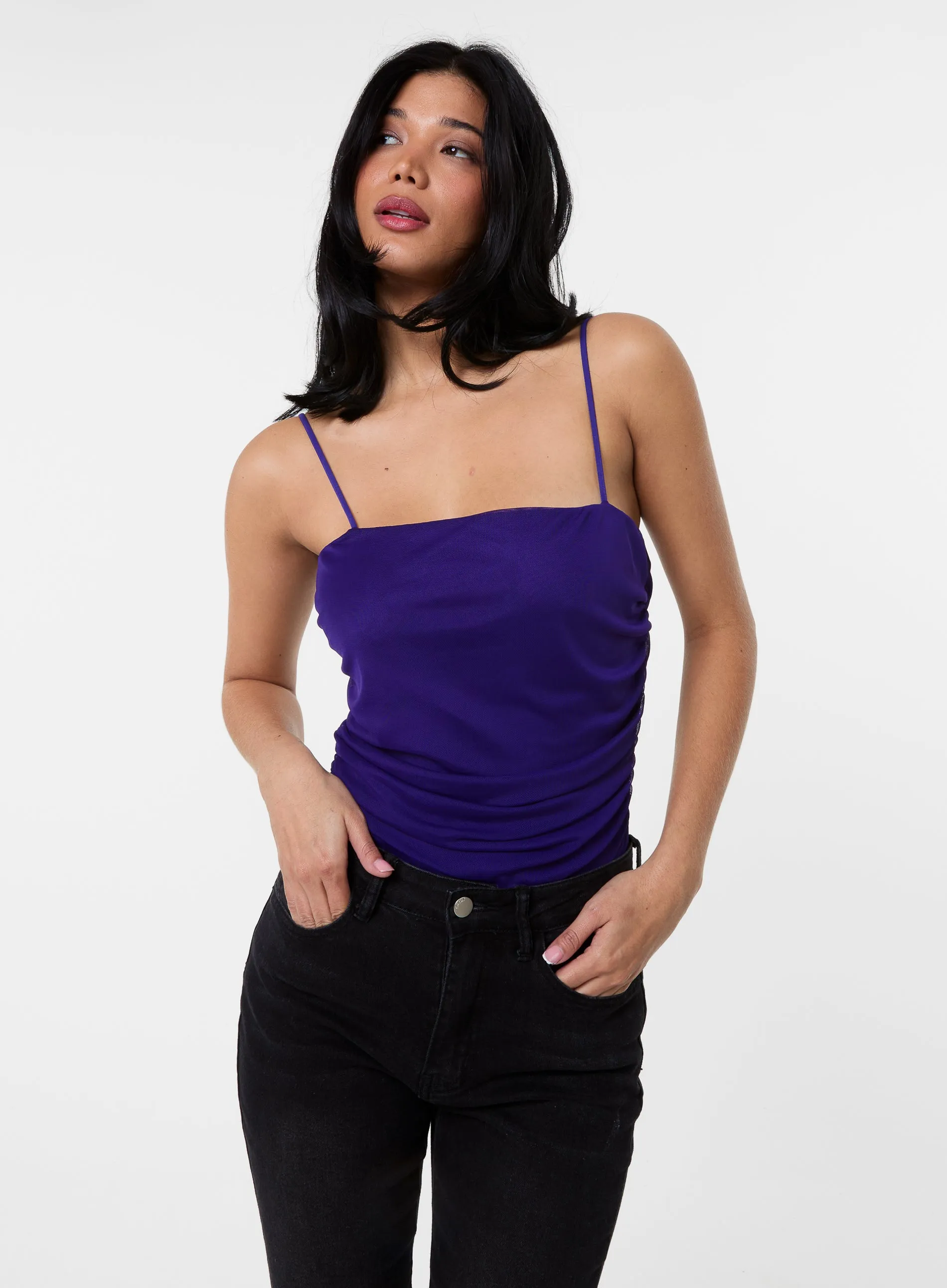 Ruched Mesh Strappy Bodysuit