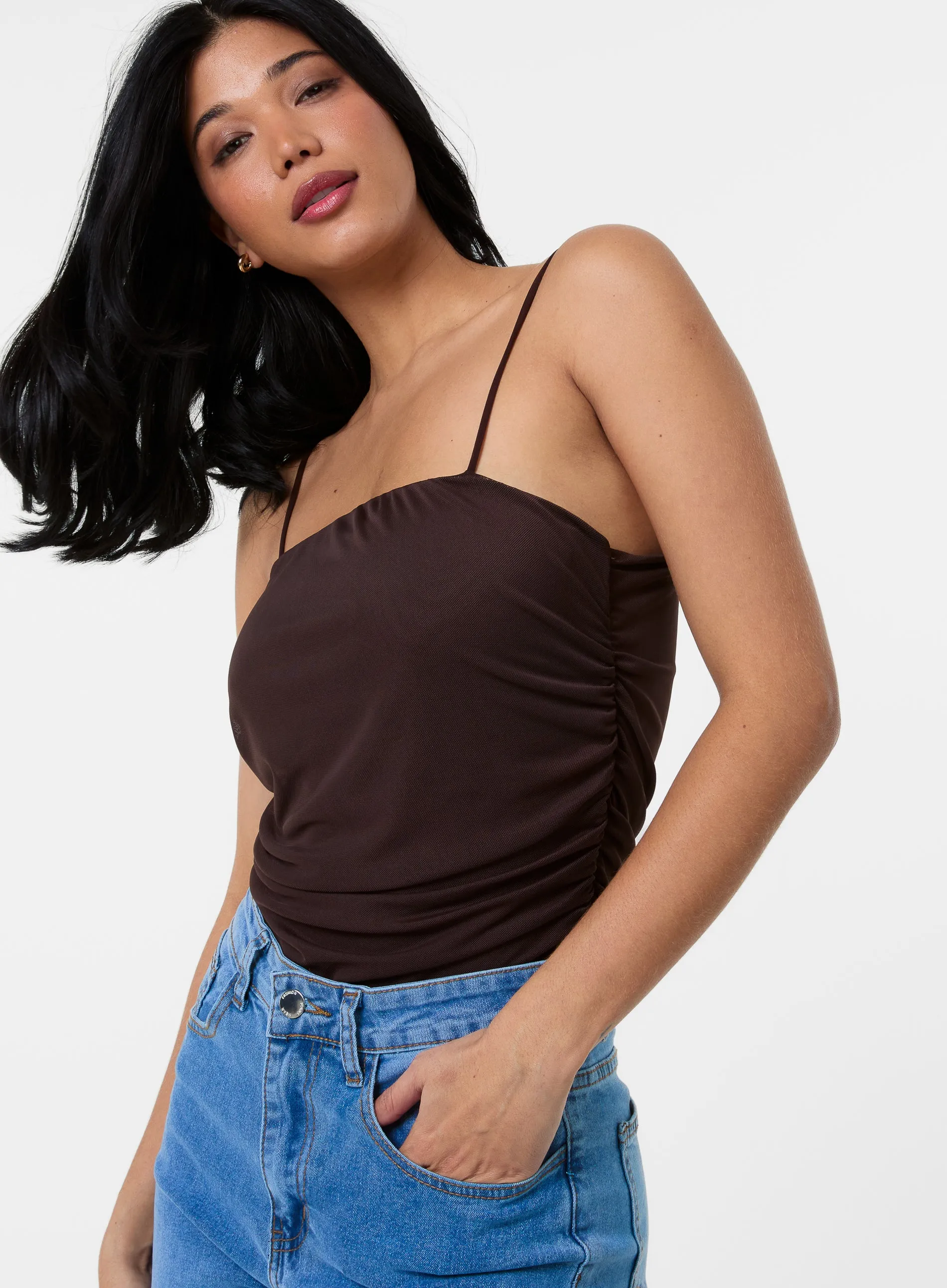 Ruched Mesh Strappy Bodysuit