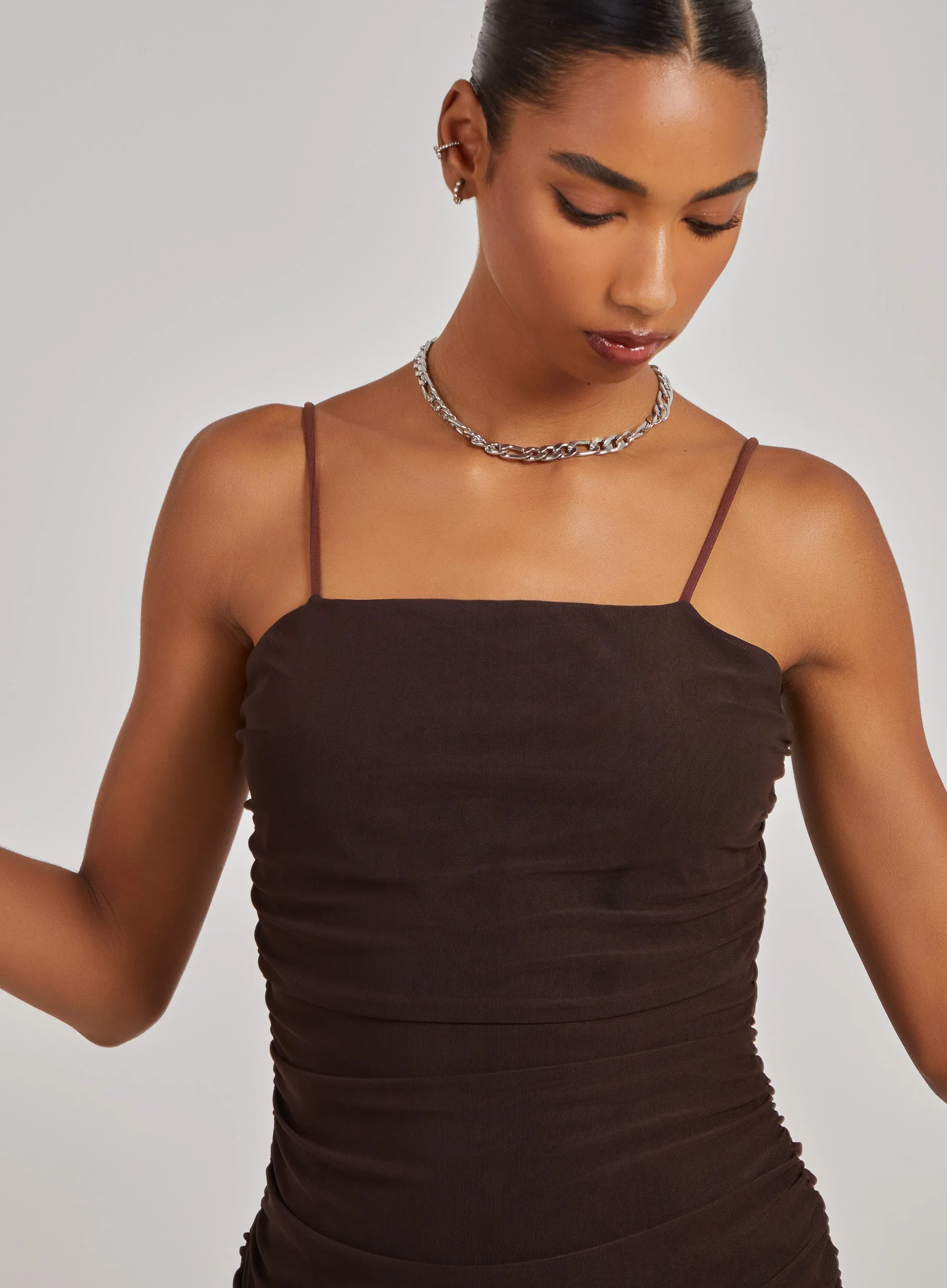Ruched Mesh Strappy Dress