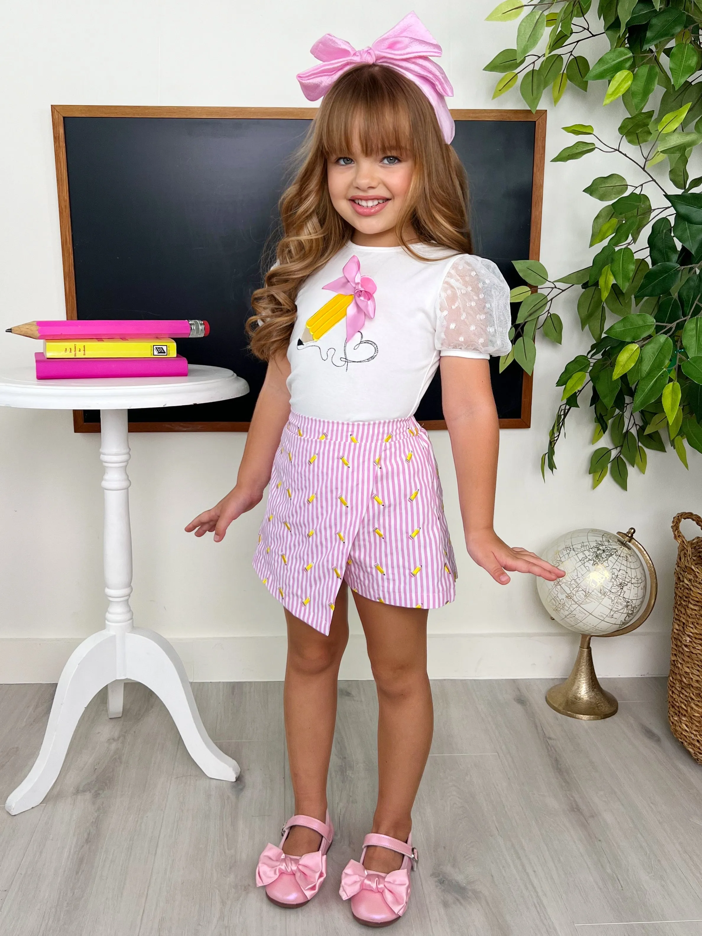 Schoolgirl Chic Puff Sleeve Top and Striped Skort Set
