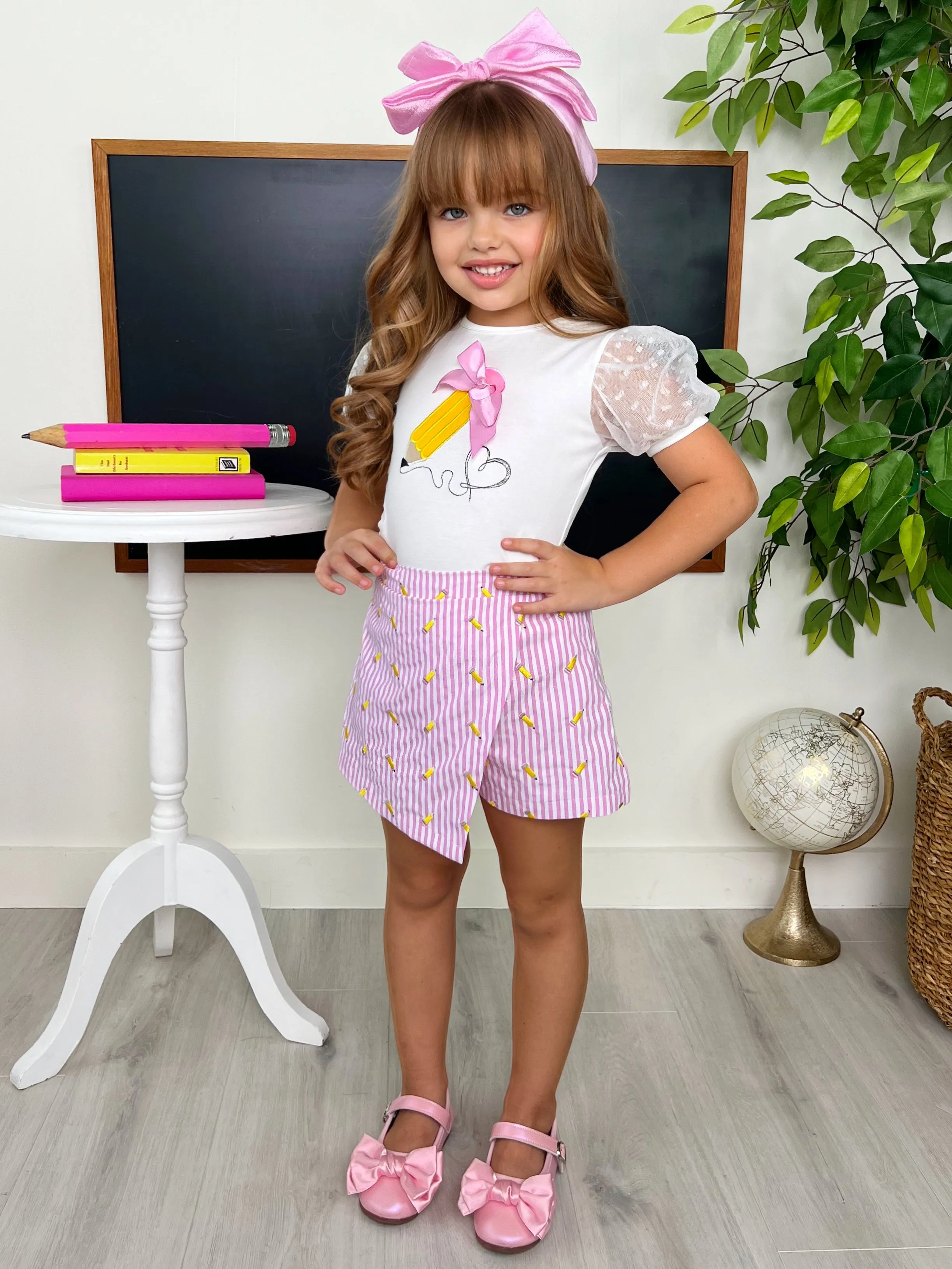 Schoolgirl Chic Puff Sleeve Top and Striped Skort Set