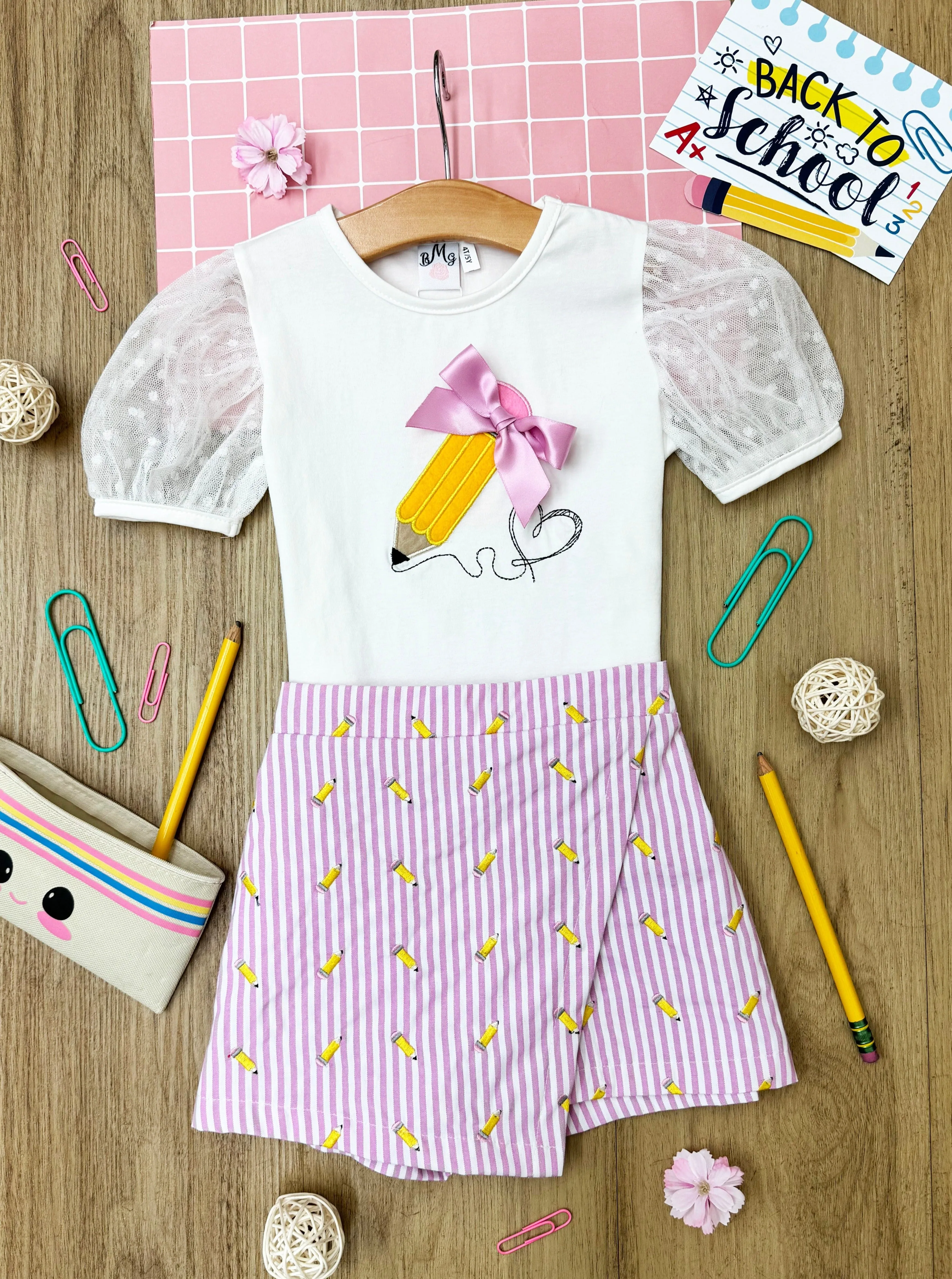 Schoolgirl Chic Puff Sleeve Top and Striped Skort Set