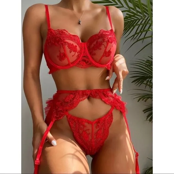 Sexy Sheer Floral Embroidered Lingerie Set