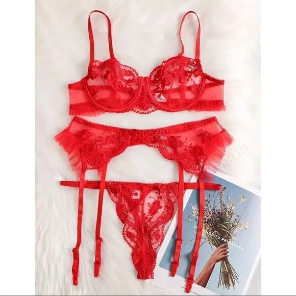 Sexy Sheer Floral Embroidered Lingerie Set