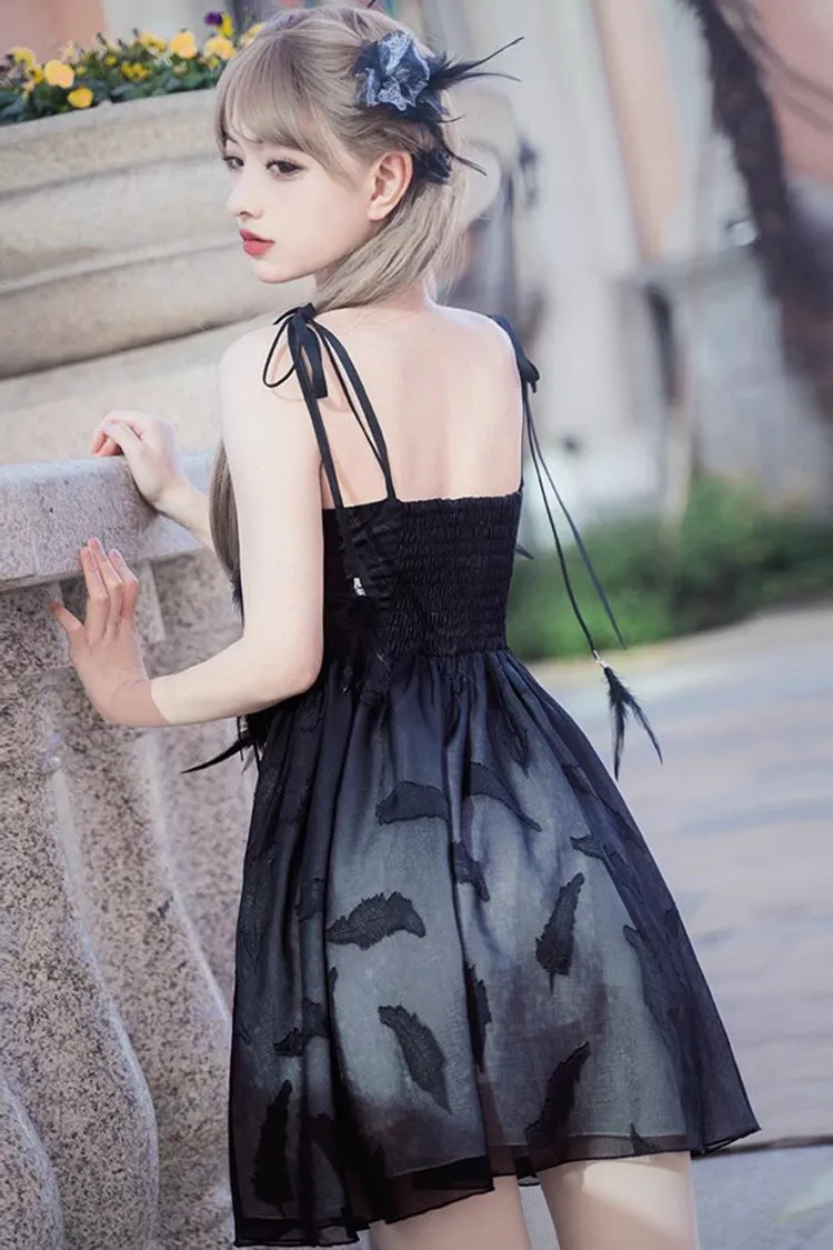 Silent Melody Elegant Black Swan Ballet Feather Print Gothic Lolita Jsk Dress