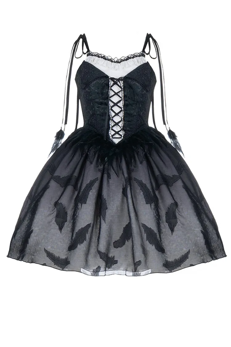 Silent Melody Elegant Black Swan Ballet Feather Print Gothic Lolita Jsk Dress
