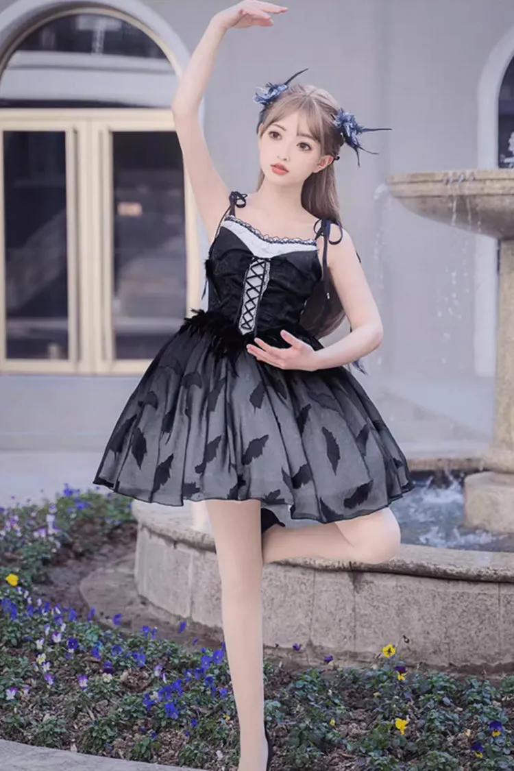 Silent Melody Elegant Black Swan Ballet Feather Print Gothic Lolita Jsk Dress