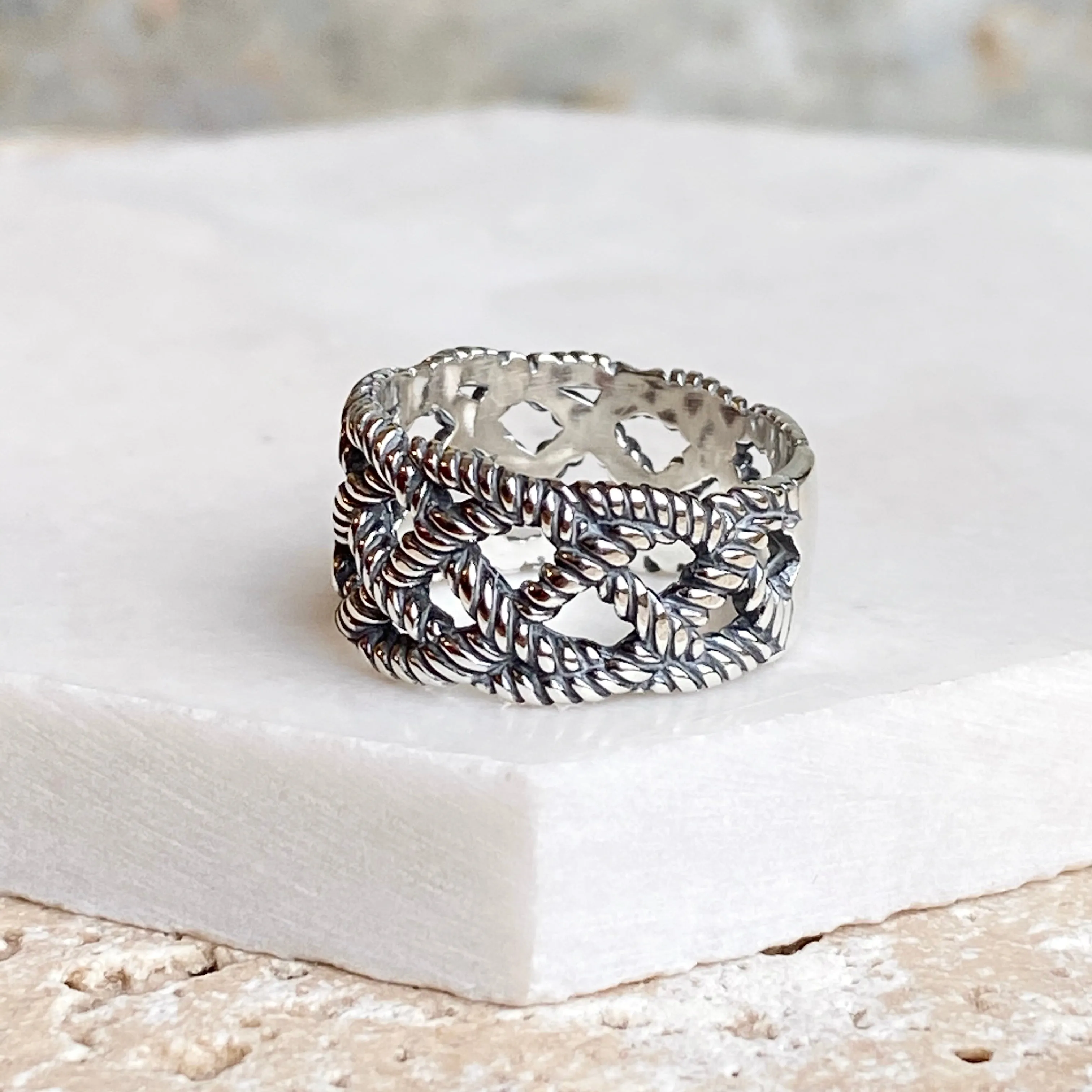 Sterling Silver Oxidized Woven Rope Cigar Band Ring