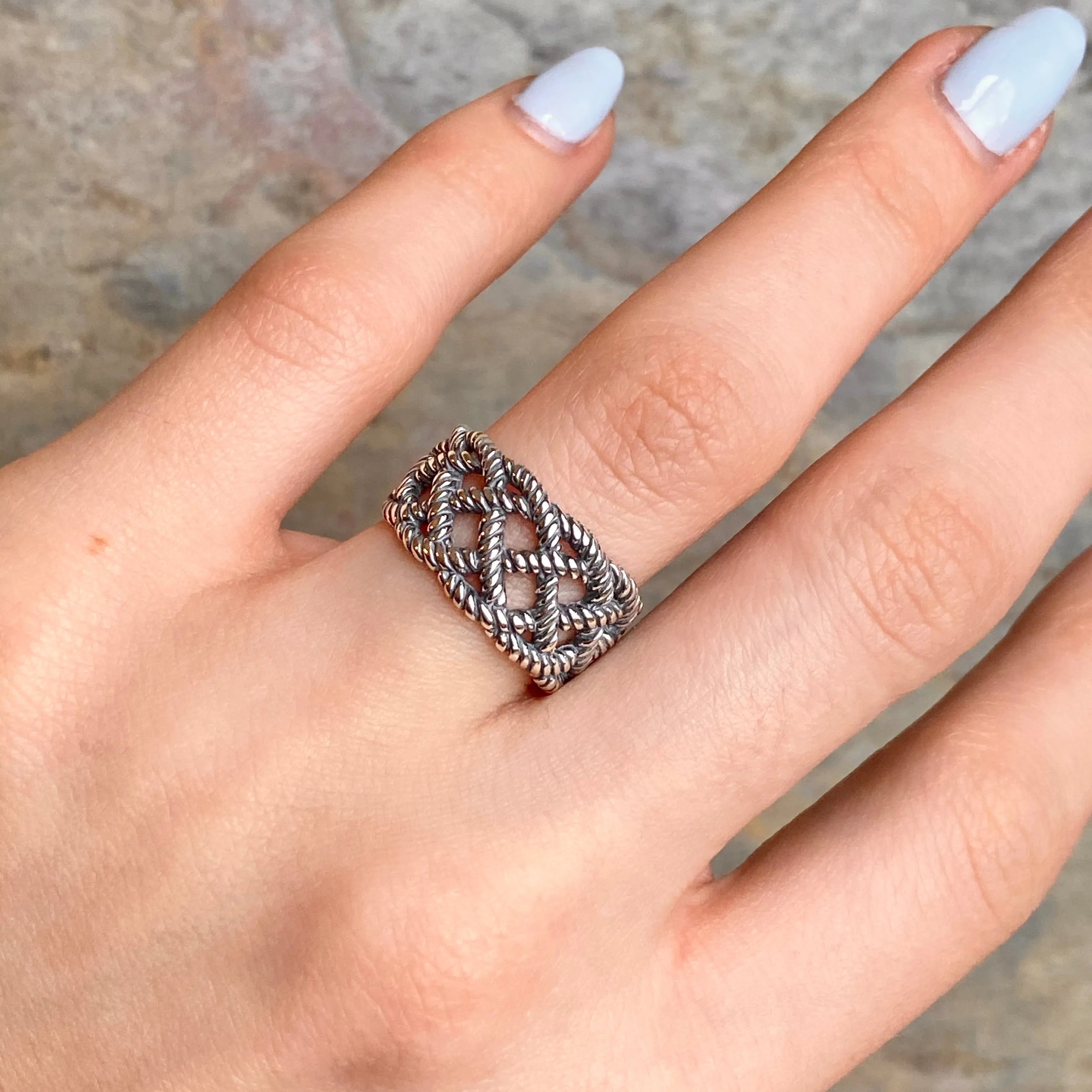 Sterling Silver Oxidized Woven Rope Cigar Band Ring