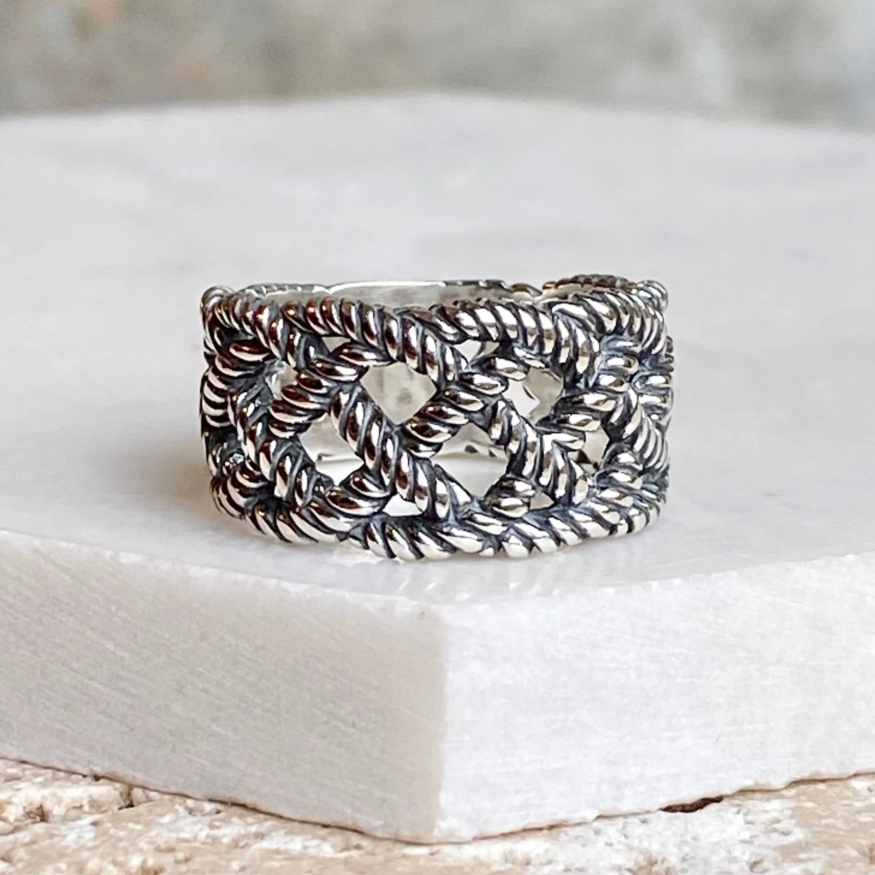 Sterling Silver Oxidized Woven Rope Cigar Band Ring