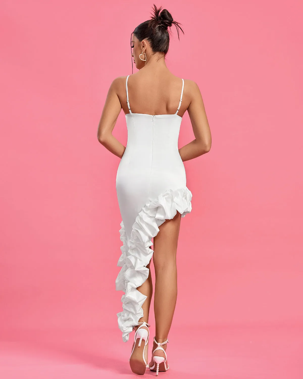 Strappy Asymmetric Ruffle Satin Dress