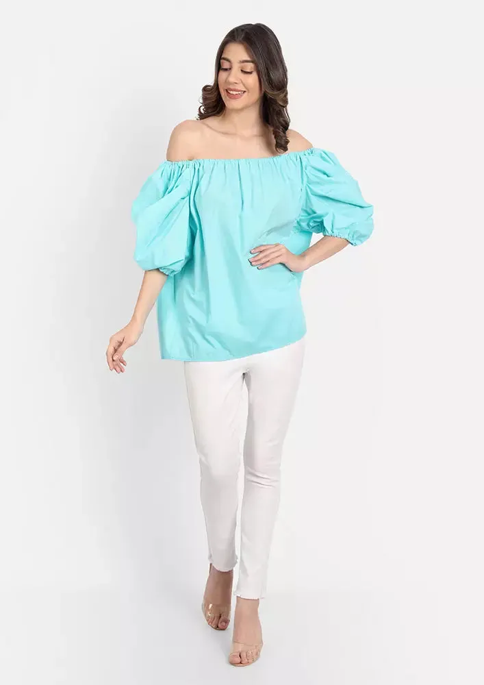 Turquoise Off Shoulder Balloon Sleeve Top