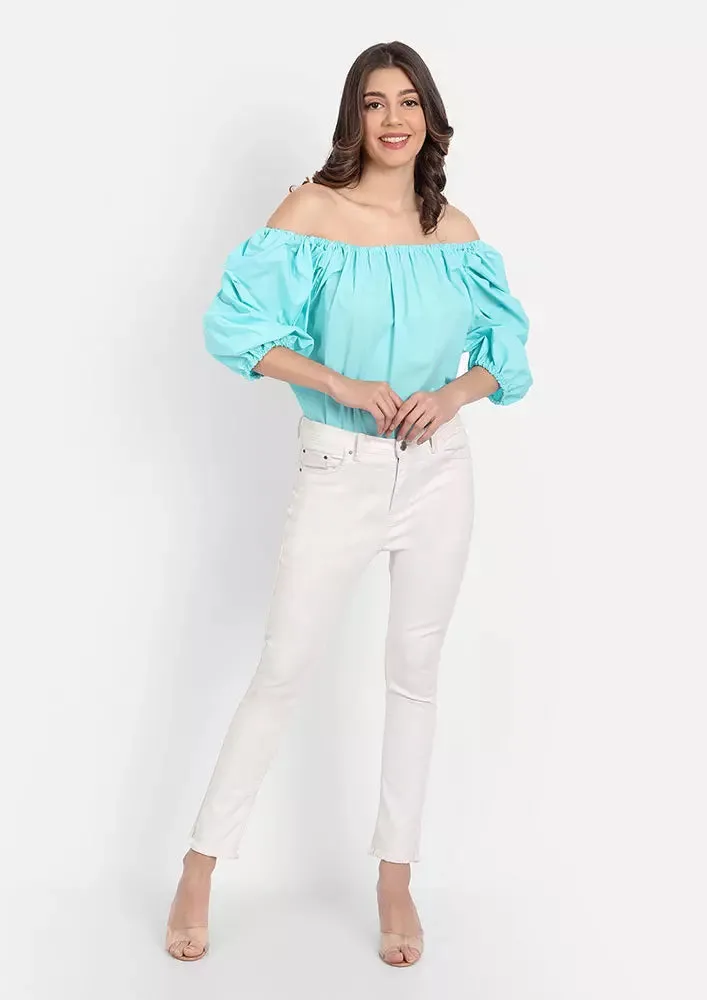 Turquoise Off Shoulder Balloon Sleeve Top