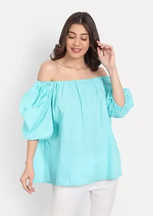 Turquoise Off Shoulder Balloon Sleeve Top