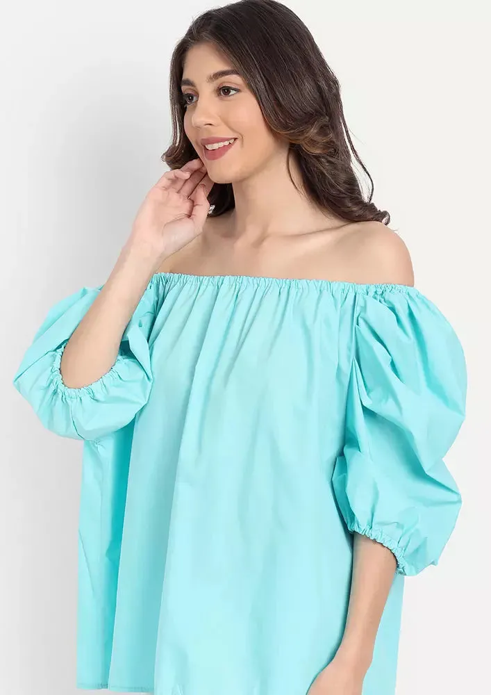 Turquoise Off Shoulder Balloon Sleeve Top