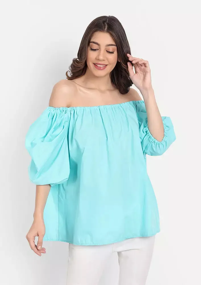 Turquoise Off Shoulder Balloon Sleeve Top