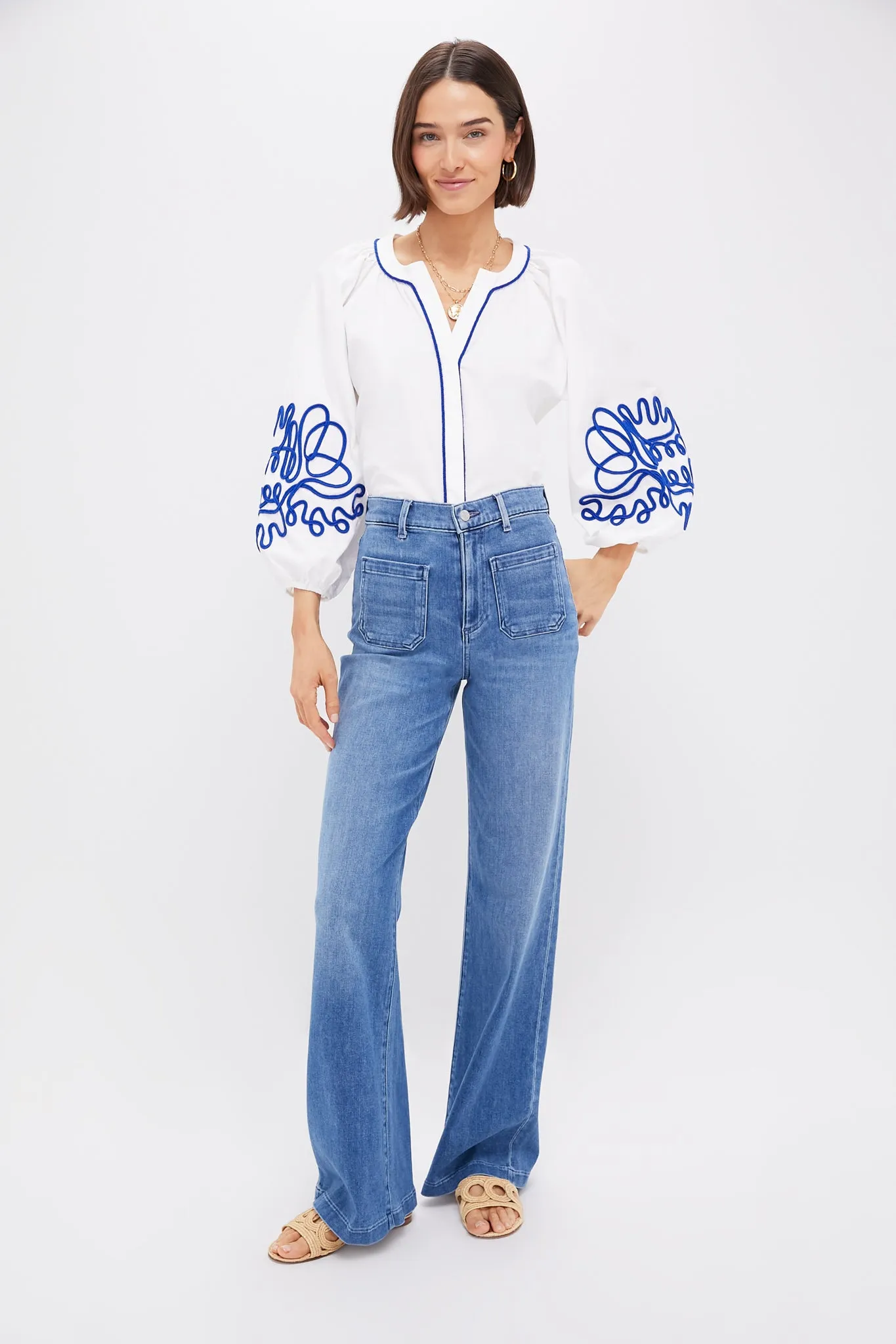 White & Royal Blue Soutache Stella Blouse