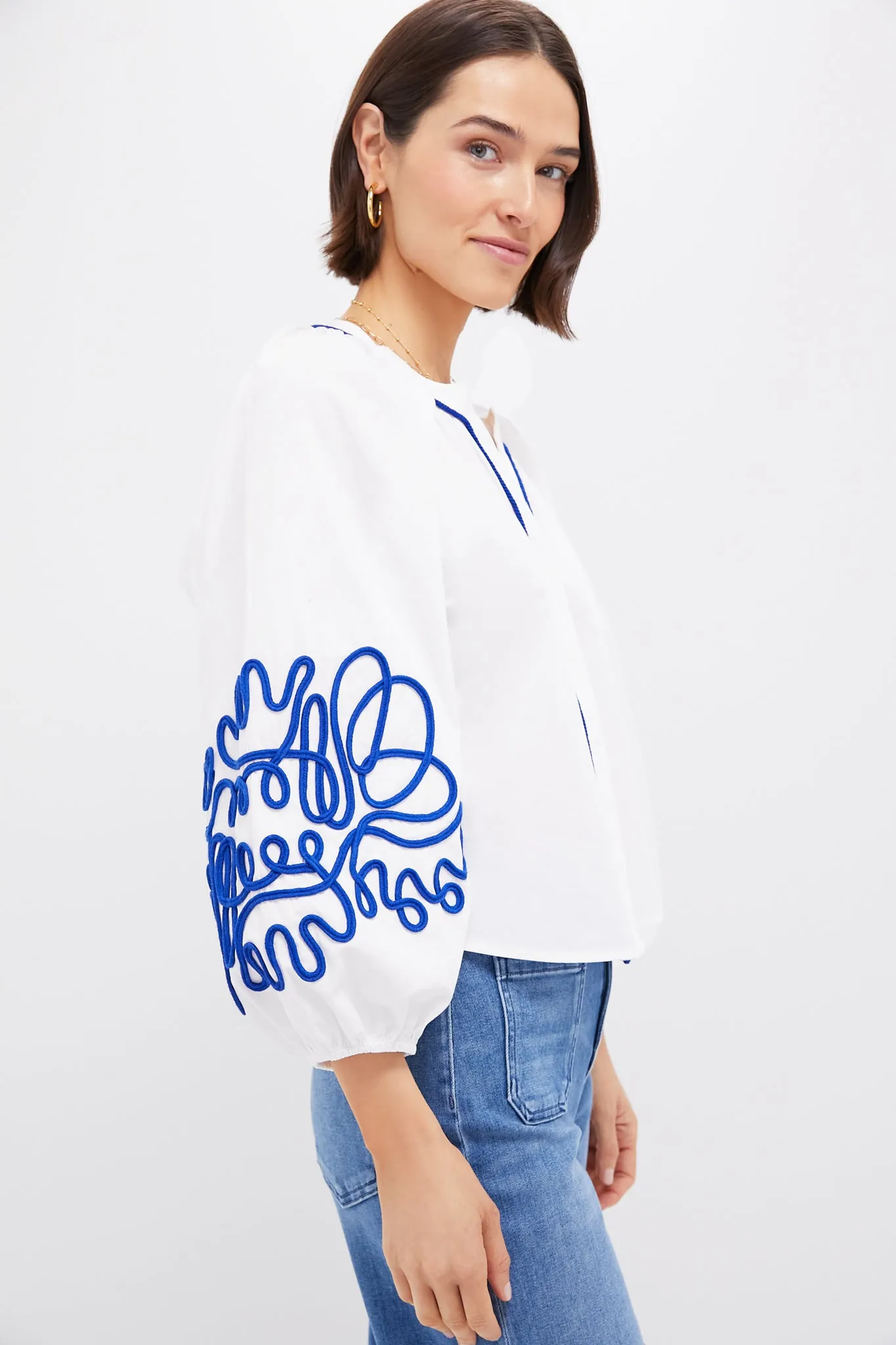 White & Royal Blue Soutache Stella Blouse