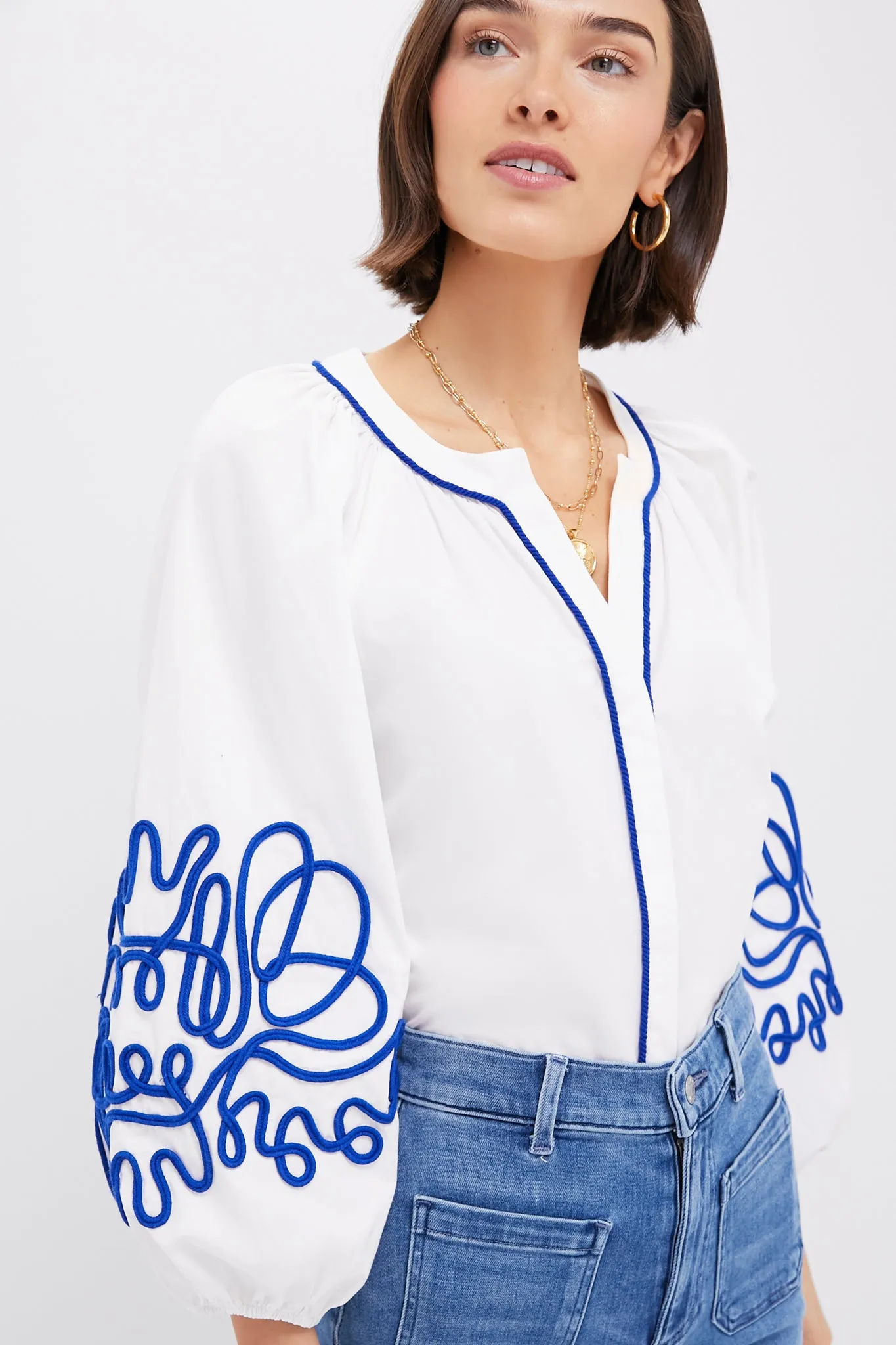 White & Royal Blue Soutache Stella Blouse