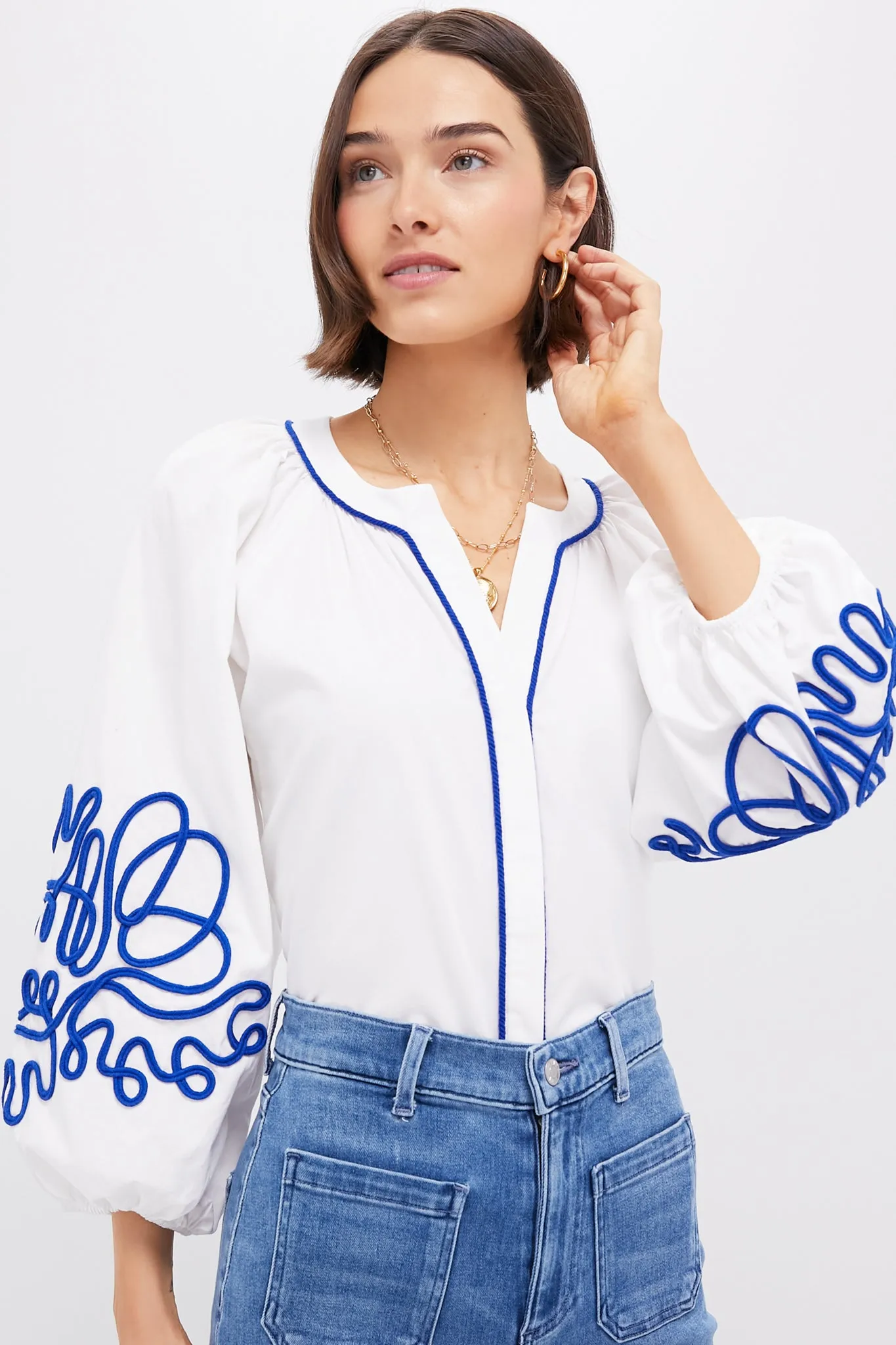 White & Royal Blue Soutache Stella Blouse