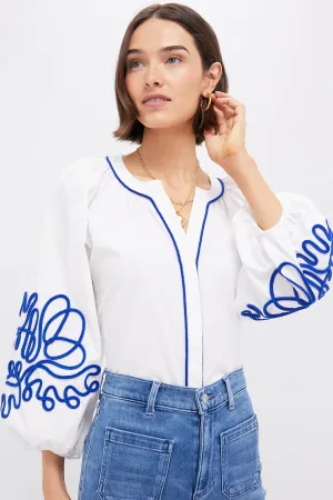 White & Royal Blue Soutache Stella Blouse