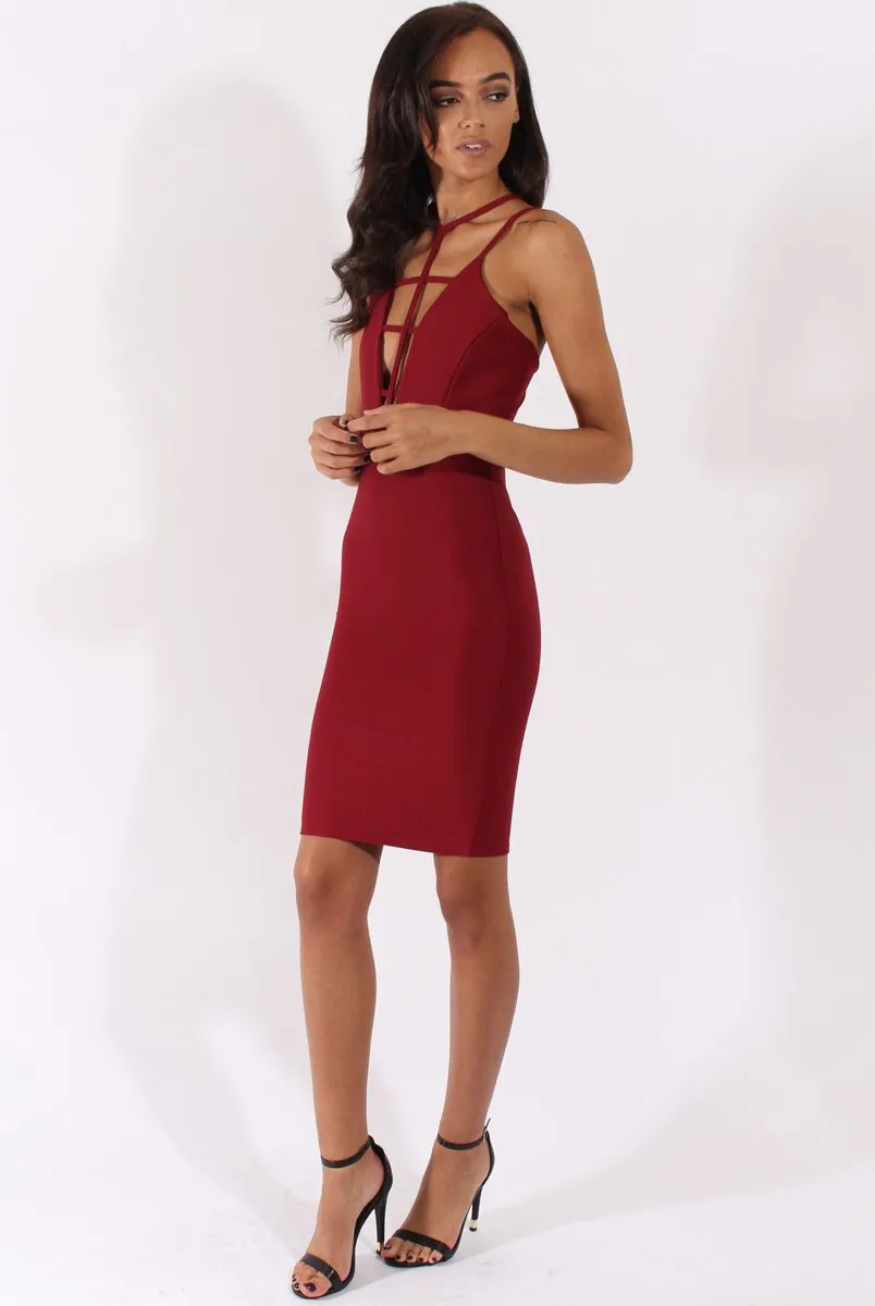 Wine Front Harness Bodycon Dress - Nella